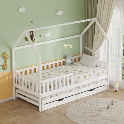 KID'S BED WITH RETRACTABLE SECOND BED & DRAWERS PHYLLIS HM723.03 PINE WOOD IN WHITE 206x97x166Hcm.
