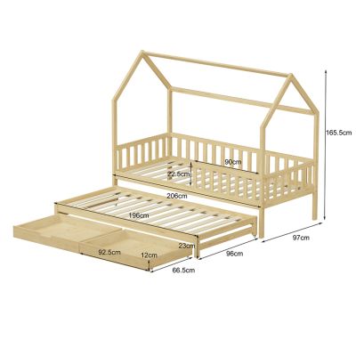 KID'S BED WITH RETRACTABLE SECOND BED & DRAWERS PHYLLIS HM723.01 PINE WOOD IN NATURAL 206x97x166Hcm.