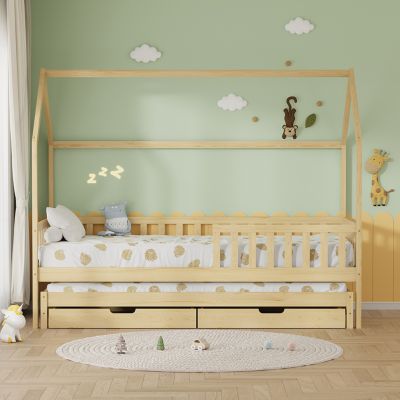 KID'S BED WITH RETRACTABLE SECOND BED & DRAWERS PHYLLIS HM723.01 PINE WOOD IN NATURAL 206x97x166Hcm.