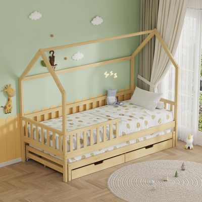 KID'S BED WITH RETRACTABLE SECOND BED & DRAWERS PHYLLIS HM723.01 PINE WOOD IN NATURAL 206x97x166Hcm.