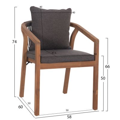 OUTDOOR DINING CHAIR CONTREL HM6244.02 ACACIA WOOD IN NATURAL-ROPE & CUSHIONS IN GREY 58x60x74Hcm.