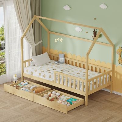 KIDS' BED WITH DRAWERS PHYLLIS HM724.01 PINE WOOD IN NATURAL 196x97x161Hcm.