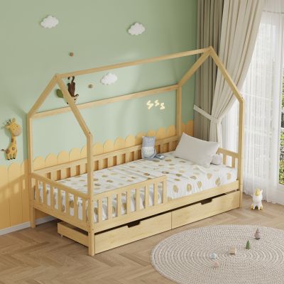 KIDS' BED WITH DRAWERS PHYLLIS HM724.01 PINE WOOD IN NATURAL 196x97x161Hcm.