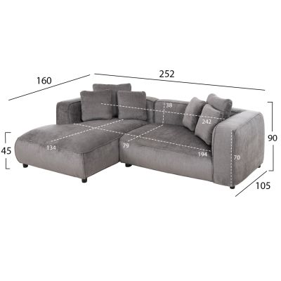 CORNER SOFA (LEFT) 3-SEATER GRACE HM3280.03L GREY FABRIC 252x105-160x70-90Hcm.