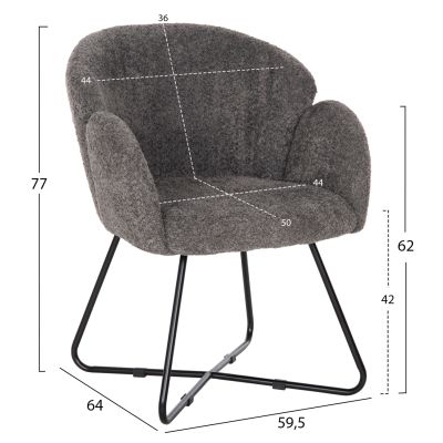 КРЕСЛО HARNIS HM9603.01 СИВО БУКЛЕ-ЧЕРНА МЕТАЛНА ОСНОВА 59,5x64x77Hcm.