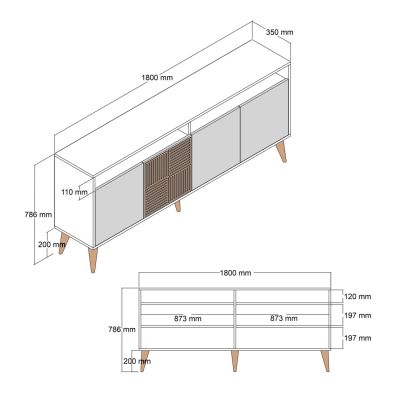 BUFFET MELAMINE HM9431.05 IN WALNUT WITH BLACK MARBLE-LOOK DOORS 180x35x78.6Hcm.