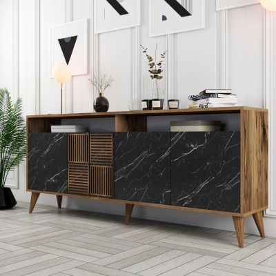 BUFFET MELAMINE HM9431.05 IN WALNUT WITH BLACK MARBLE-LOOK DOORS 180x35x78.6Hcm.