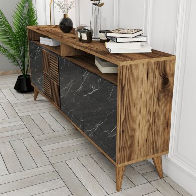 BUFFET MELAMINE HM9431.05 IN WALNUT WITH BLACK MARBLE-LOOK DOORS 180x35x78.6Hcm.
