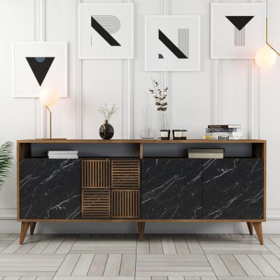 BUFFET MELAMINE HM9431.05 IN WALNUT WITH BLACK MARBLE-LOOK DOORS 180x35x78.6Hcm.