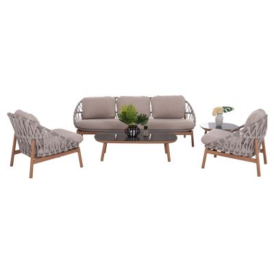 OUTDOOR LOUNGE SET 5PCS KROM HM6360.02 ALUMINUM--STRAP ROPE--3D PRINTED GLASS TOP