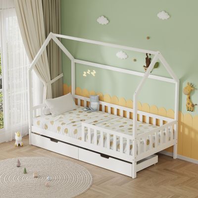 KIDS' BED WITH DRAWERS PHYLLIS HM724.03 PINE WOOD IN WHITE 196x97x161Hcm.