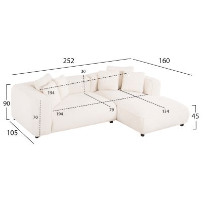 CORNER SOFA (RIGHT) 3-SEATER GRACE HM3280.02R WHITE FABRIC 252x105-160x70-90Hcm.