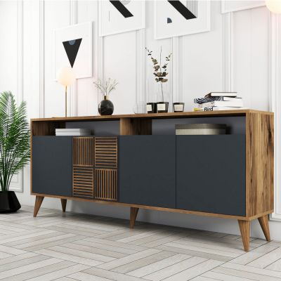 BUFFET MELAMINE IN WALNUT AND CHARCOAL GREY DOORS 180x35x78.6Hcm.HM9431.01