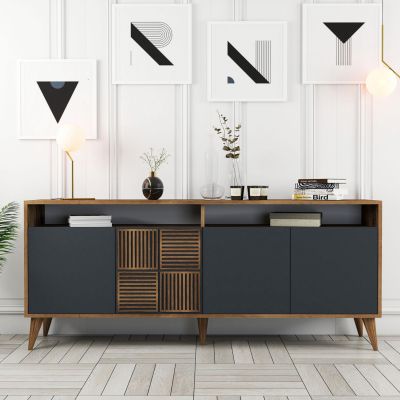 BUFFET MELAMINE IN WALNUT AND CHARCOAL GREY DOORS 180x35x78.6Hcm.HM9431.01