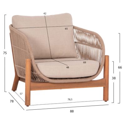 OUTDOOR LOUNGE ARMCHAIR SANJI HM6221 ACACIA WOOD-ALUMINUM-ROPE 88x78x68-75Hcm.
