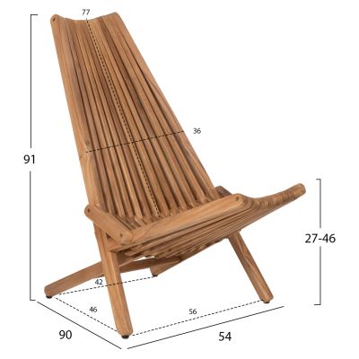 FOLDING OUTDOOR LOUNGE ARMCHAIR CAMY HM5962 TEAK WOOD IN NATURAL COLOR 54x90x91Hcm.