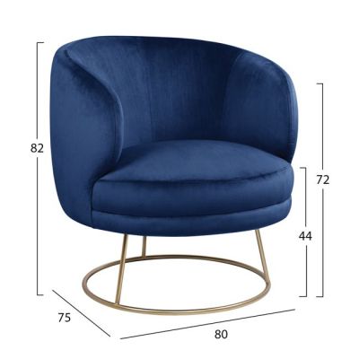 armchair Arien HM8403.08 in blue velvet with golden base 80x75x82 cm.