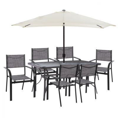 DINING SET WITH UMBRELLA 8 PCS GRAY TABLE 150X90 AND ARMCHAIR HM11533.10