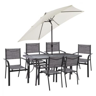 DINING SET WITH UMBRELLA 8 PCS GRAY TABLE 150X90 AND ARMCHAIR HM11533.10