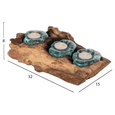 TABLE DECOR ΗΜ4282 CANDLE BASE-3 SPOTS-SOLID TEAK WOOD AND GLASS-NATURAL