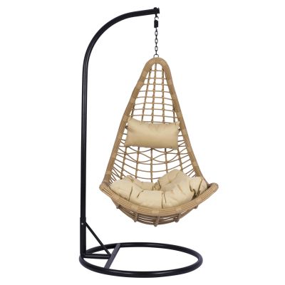 HANGING NEST LUCIA HM5676.01 BEIGE WICKER AND CUSHIONS - BLACK METAL Φ95Χ195Hcm.