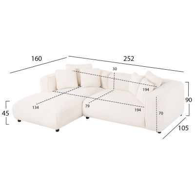 CORNER SOFA (LEFT) 3-SEATER GRACE HM3280.02L WHITE FABRIC 252x105-160x70-90Hcm.